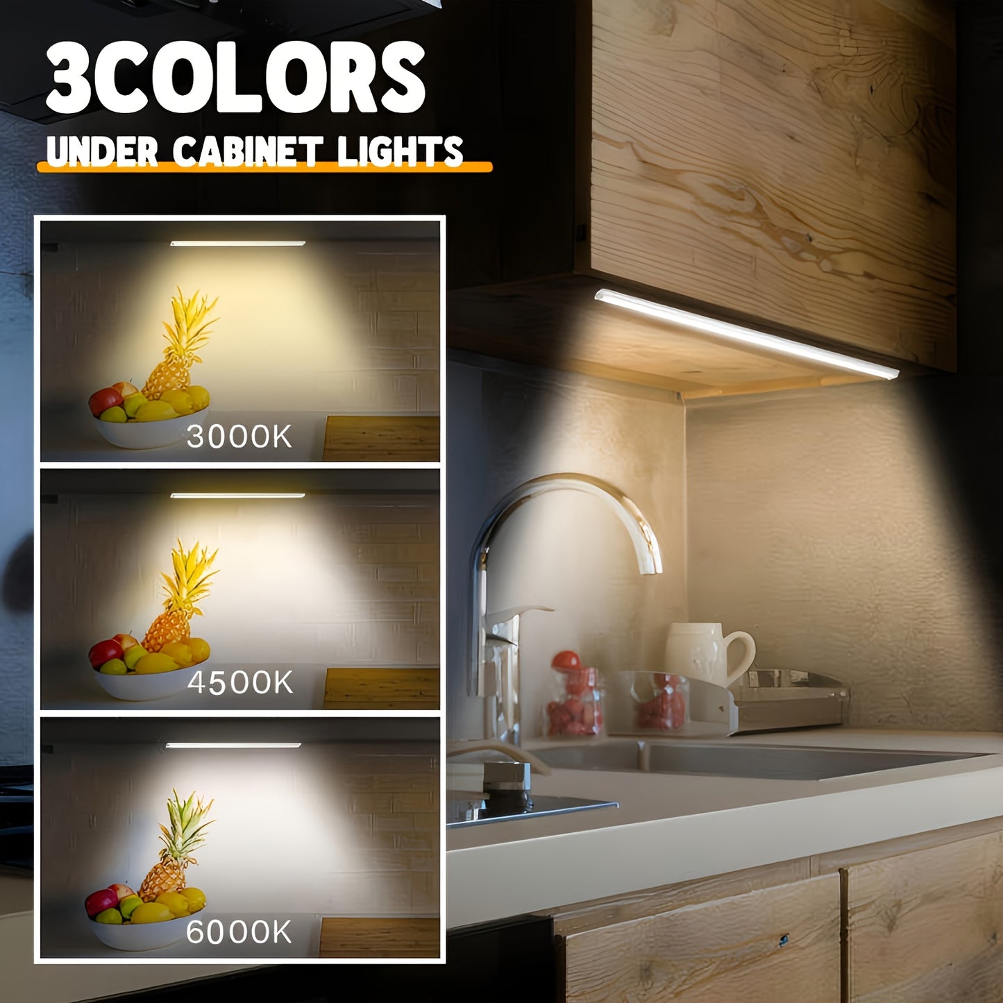 3PCS LED Motion Sensor Cabinet Lights  Rechargeable, Dimmable & 3-Color Mode Night Lights for Kitchen, Bedroom & Stairs