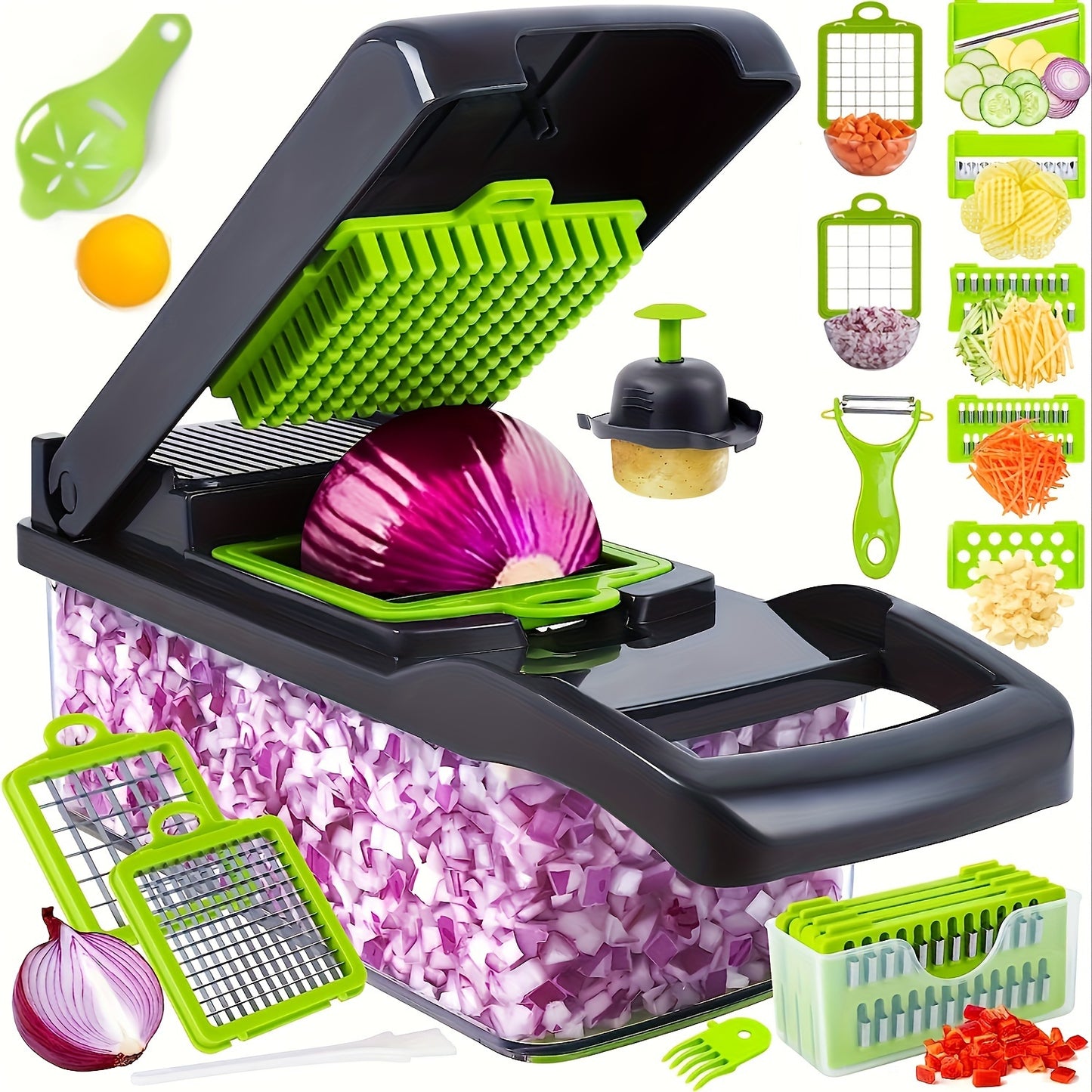 16-in-1 Ultimate Vegetable Chopper & Dicer Set – Manual Food Processor with Drain Basket & Safety Hand Guard