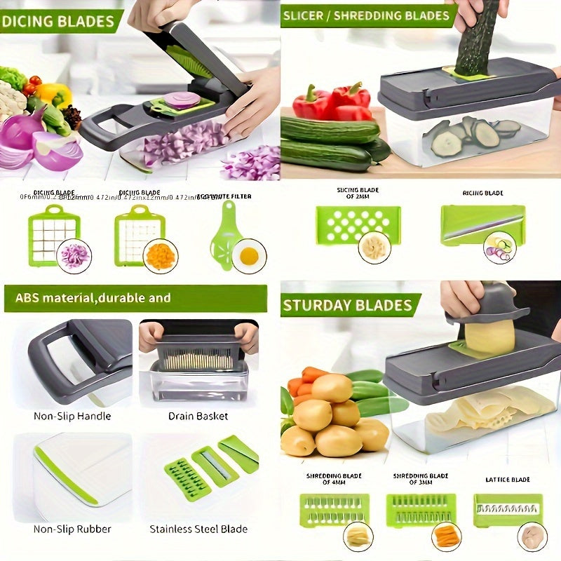 16-in-1 Ultimate Vegetable Chopper & Dicer Set – Manual Food Processor with Drain Basket & Safety Hand Guard