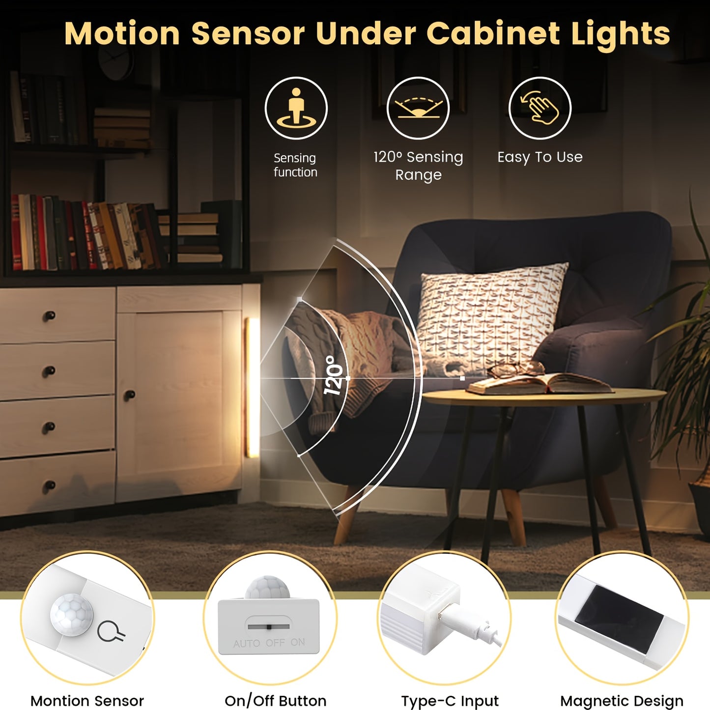 3PCS LED Motion Sensor Cabinet Lights  Rechargeable, Dimmable & 3-Color Mode Night Lights for Kitchen, Bedroom & Stairs