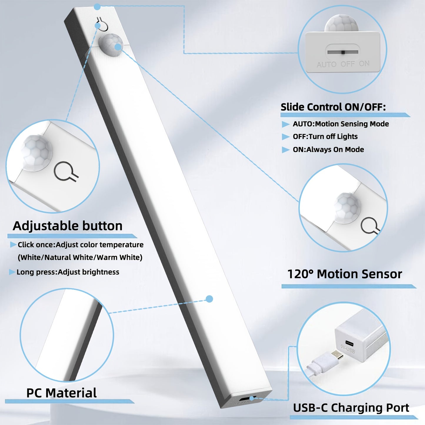 3PCS LED Motion Sensor Cabinet Lights  Rechargeable, Dimmable & 3-Color Mode Night Lights for Kitchen, Bedroom & Stairs