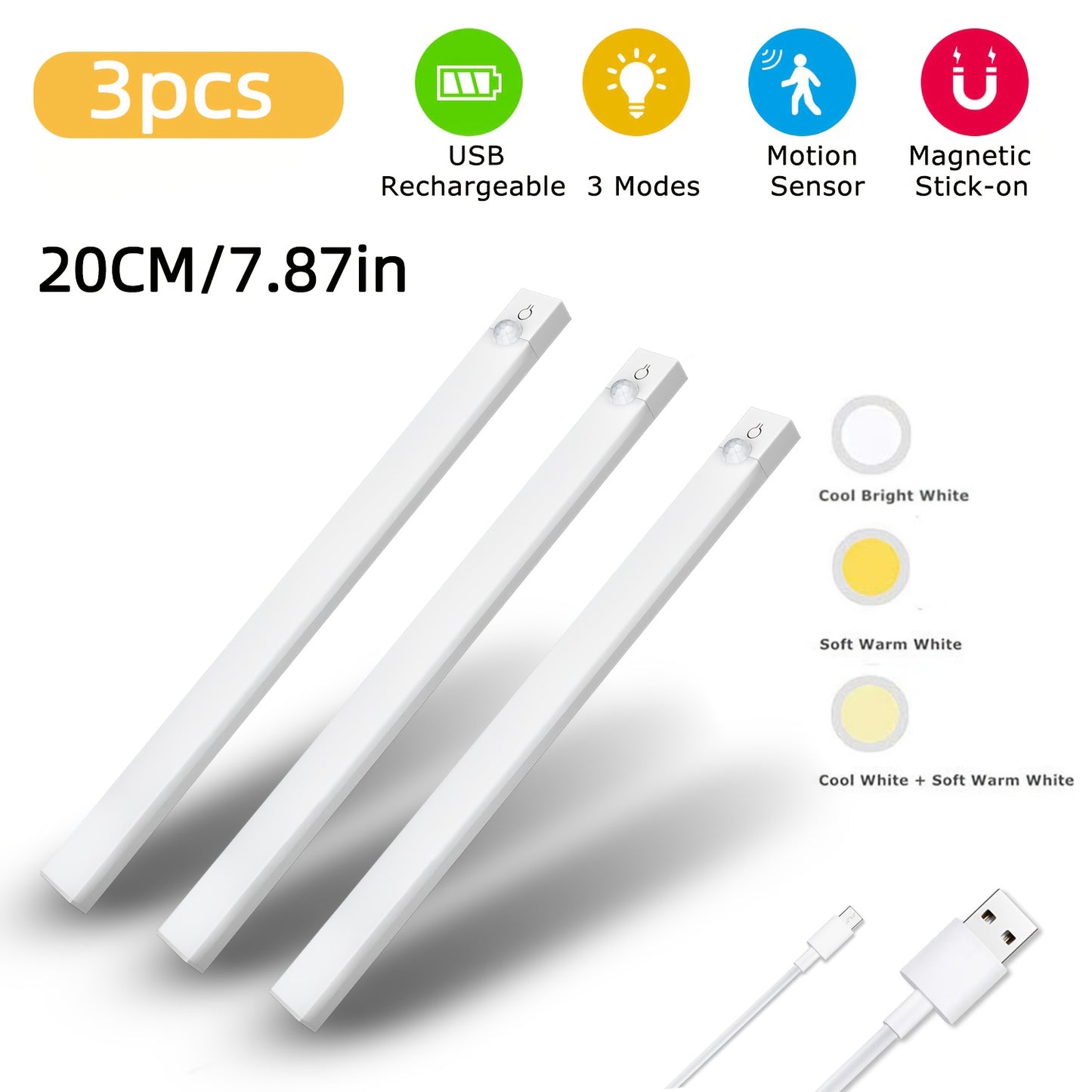 3PCS LED Motion Sensor Cabinet Lights  Rechargeable, Dimmable & 3-Color Mode Night Lights for Kitchen, Bedroom & Stairs