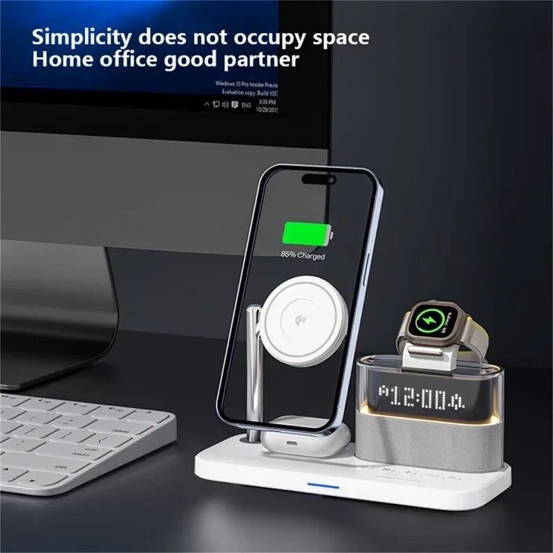All-in-One 5-in-1 Wireless Charging Station with Alarm Clock, Night Light & Magnetic Fast Charging for Smartphones & Accessories