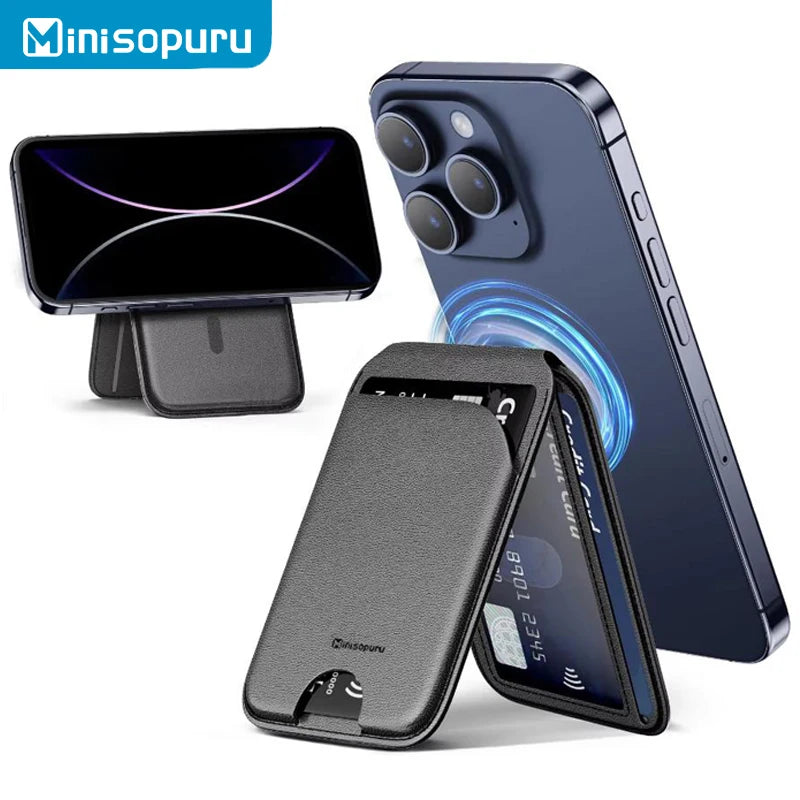 Lightweight Magnetic Wallet Stand – Minisopuru Leather MagSafe Card Holder for iPhone 16/15/14/12