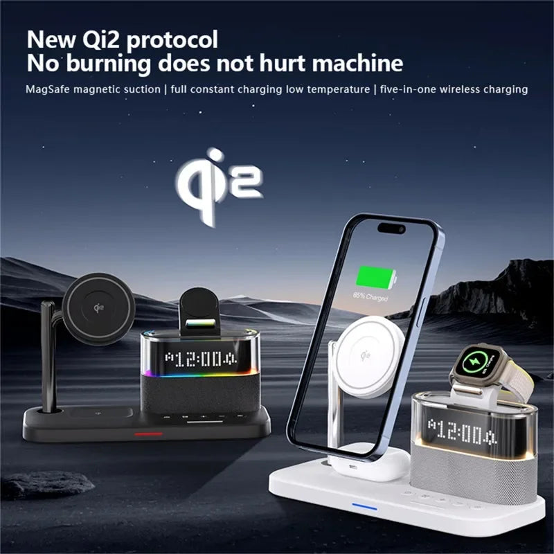 All-in-One 5-in-1 Wireless Charging Station with Alarm Clock, Night Light & Magnetic Fast Charging for Smartphones & Accessories