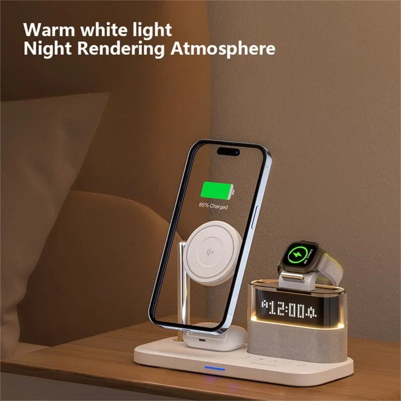 All-in-One 5-in-1 Wireless Charging Station with Alarm Clock, Night Light & Magnetic Fast Charging for Smartphones & Accessories