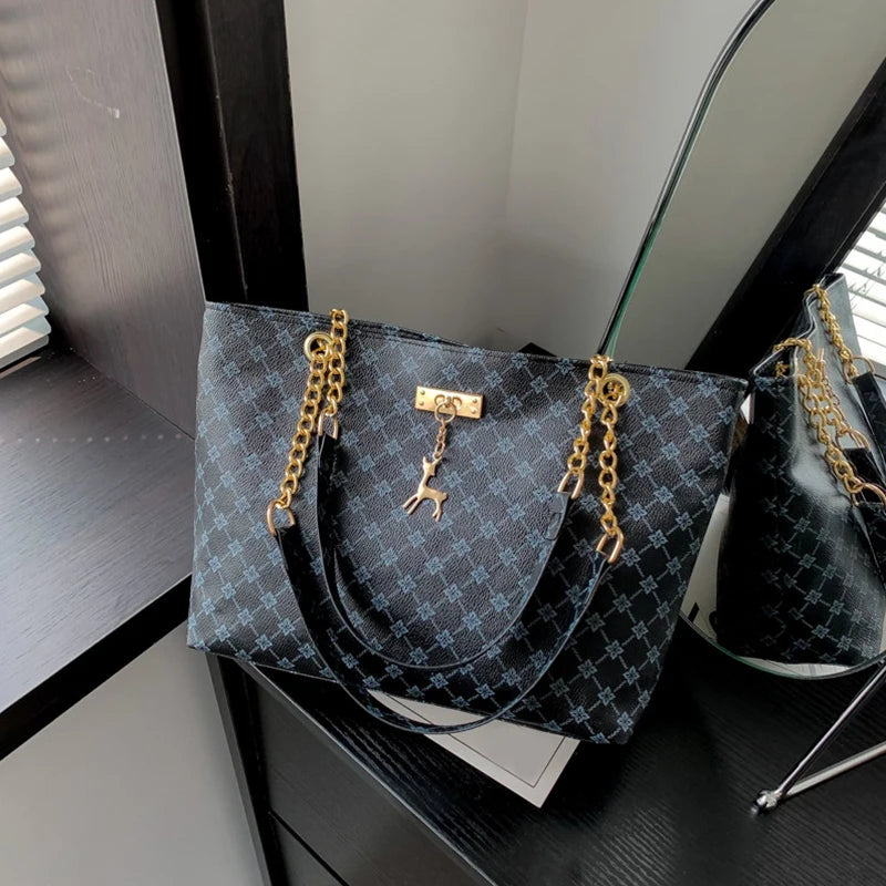 2025 Women’s Fashion Tote Presbyopia Pattern Soft Leather Shoulder Bag with Hanging Accessory