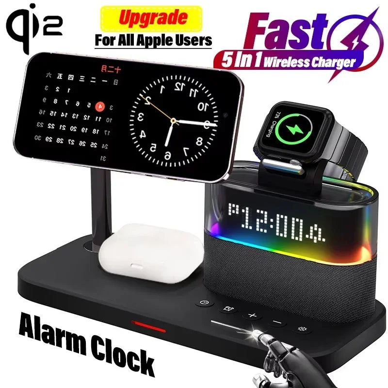 All-in-One 5-in-1 Wireless Charging Station with Alarm Clock, Night Light & Magnetic Fast Charging for Smartphones & Accessories