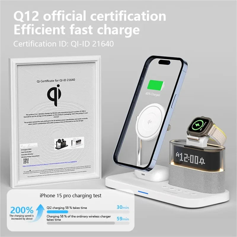All-in-One 5-in-1 Wireless Charging Station with Alarm Clock, Night Light & Magnetic Fast Charging for Smartphones & Accessories