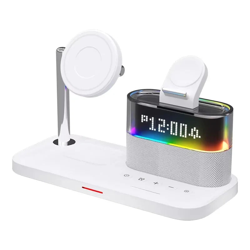 All-in-One 5-in-1 Wireless Charging Station with Alarm Clock, Night Light & Magnetic Fast Charging for Smartphones & Accessories