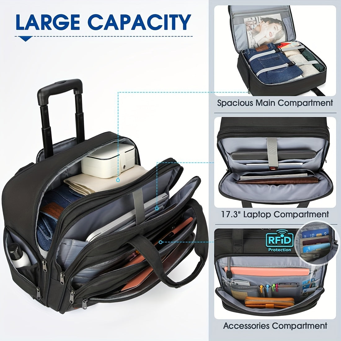 NEWHEY Rolling Laptop Bag for Men – 17.3” Waterproof Computer Briefcase with Wheels, RFID Pocket & Carry-On Luggage (Black)