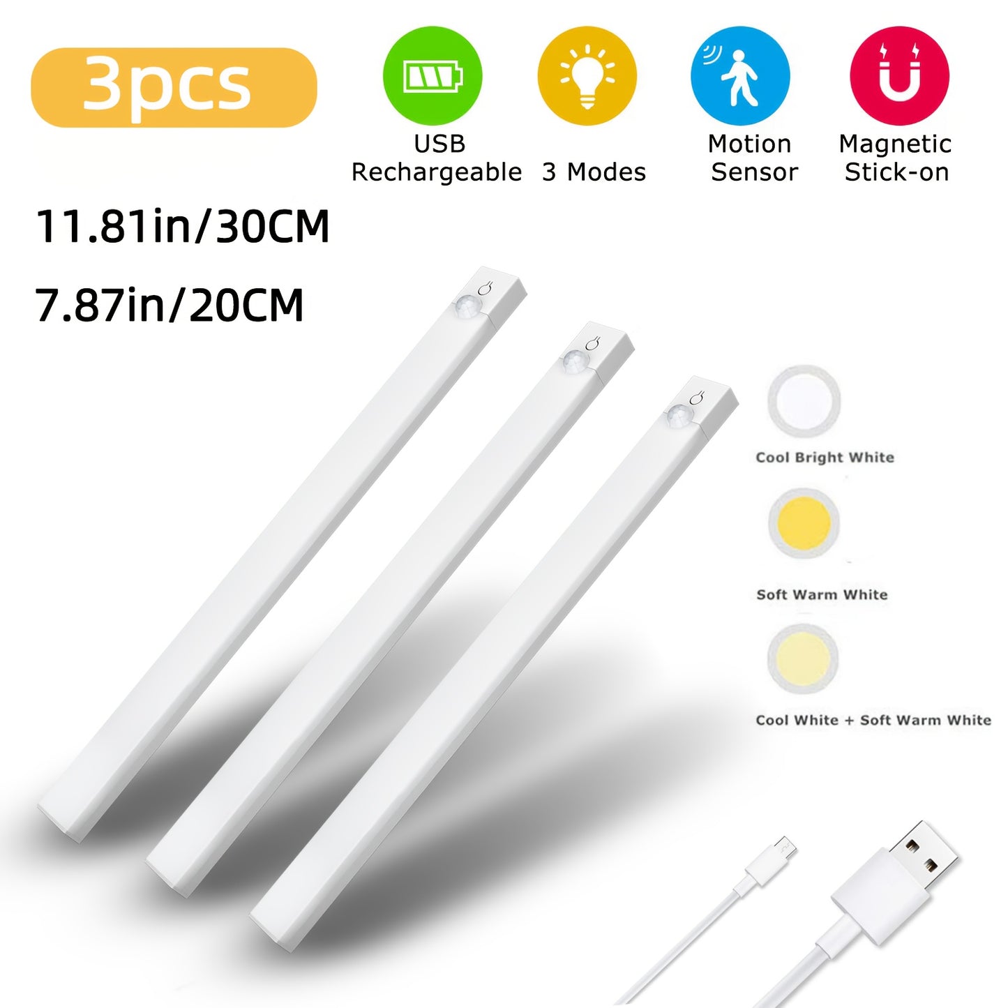 3PCS LED Motion Sensor Cabinet Lights  Rechargeable, Dimmable & 3-Color Mode Night Lights for Kitchen, Bedroom & Stairs