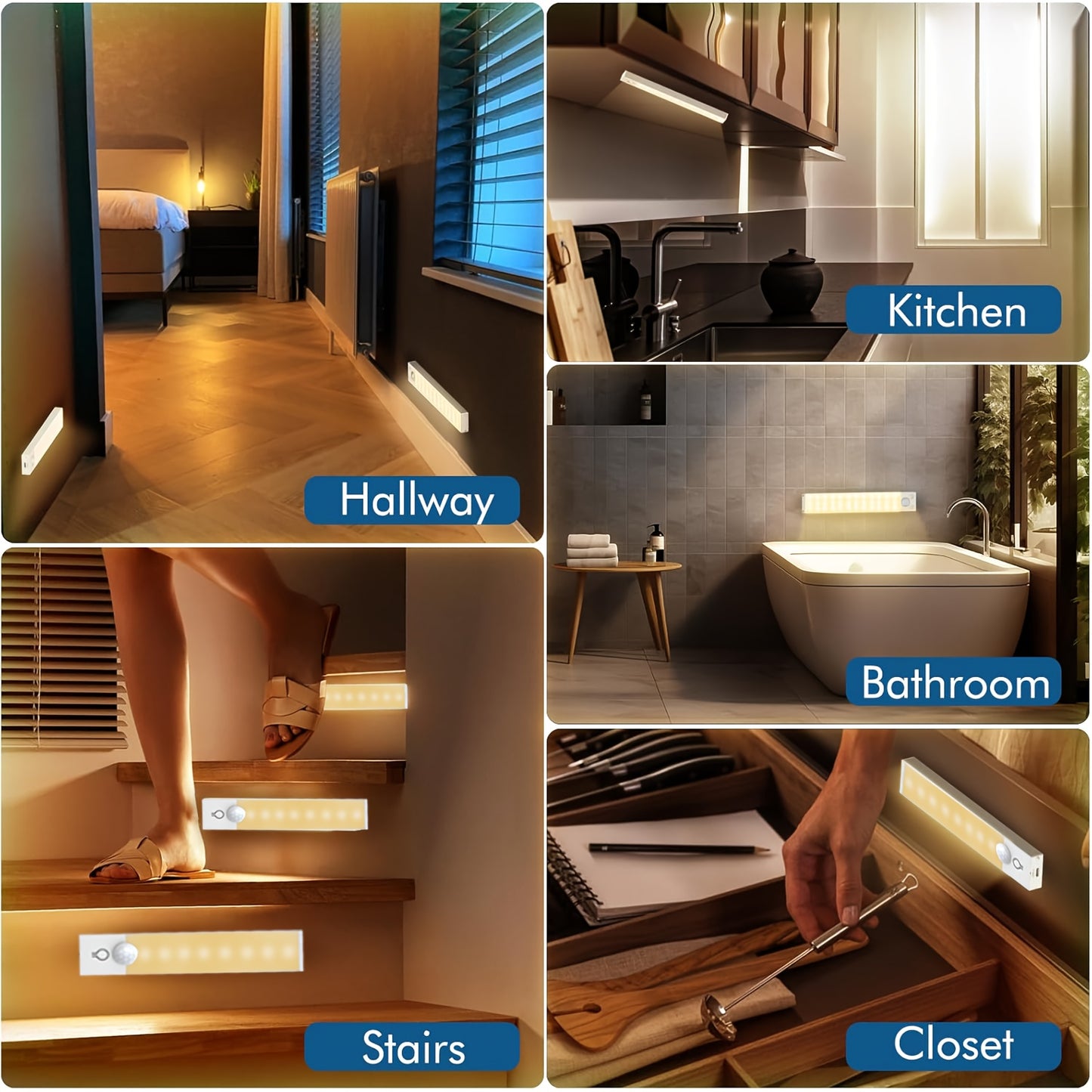 3PCS LED Motion Sensor Cabinet Lights  Rechargeable, Dimmable & 3-Color Mode Night Lights for Kitchen, Bedroom & Stairs