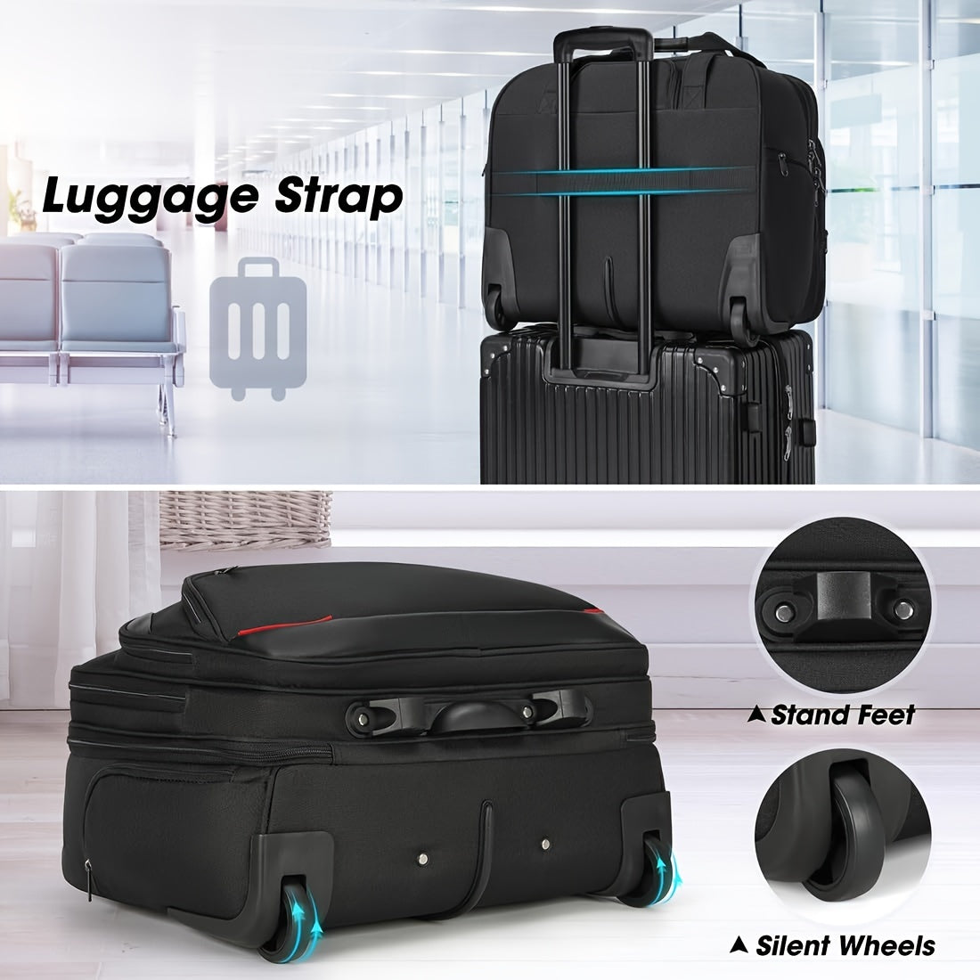 NEWHEY Rolling Laptop Bag for Men – 17.3” Waterproof Computer Briefcase with Wheels, RFID Pocket & Carry-On Luggage (Black)