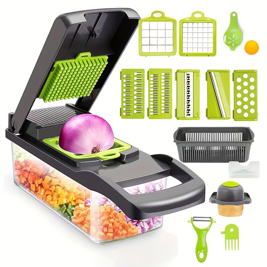 16-in-1 Ultimate Vegetable Chopper & Dicer Set – Manual Food Processor with Drain Basket & Safety Hand Guard
