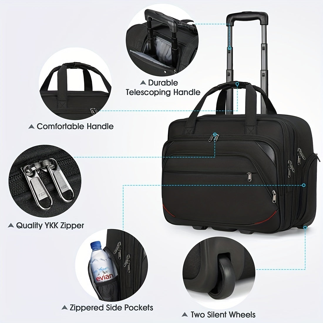 NEWHEY Rolling Laptop Bag for Men – 17.3” Waterproof Computer Briefcase with Wheels, RFID Pocket & Carry-On Luggage (Black)