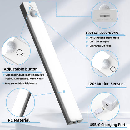 3PCS LED Motion Sensor Cabinet Lights  Rechargeable, Dimmable & 3-Color Mode Night Lights for Kitchen, Bedroom & Stairs
