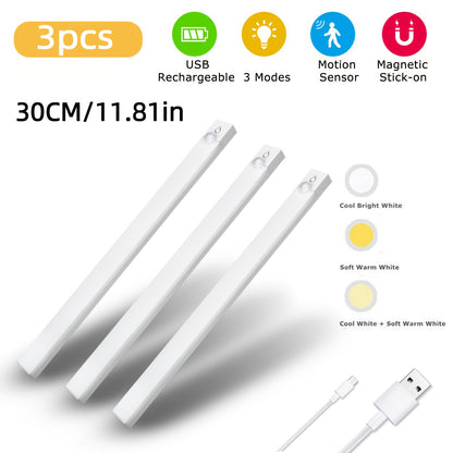 3PCS LED Motion Sensor Cabinet Lights  Rechargeable, Dimmable & 3-Color Mode Night Lights for Kitchen, Bedroom & Stairs