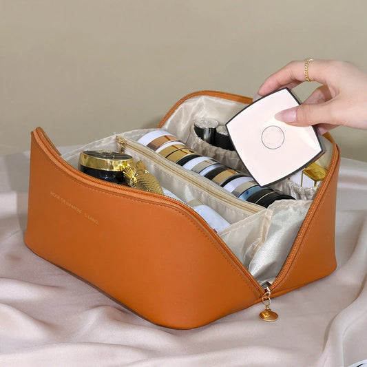 Leather Makeup Organizer Women’s Cosmetic Travel Case & Toiletry Storage,