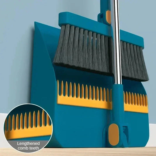 2-in-1 Standing Broom and Dustpan Set – Foldable Design with Extra-Thick Comb Teeth & Wall Mount Storage