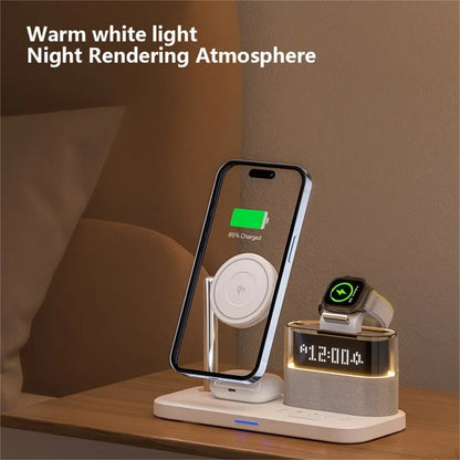 All-in-One 5-in-1 Wireless Charging Station with Alarm Clock, Night Light & Magnetic Fast Charging for Smartphones & Accessories
