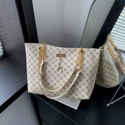 2025 Women’s Fashion Tote Presbyopia Pattern Soft Leather Shoulder Bag with Hanging Accessory