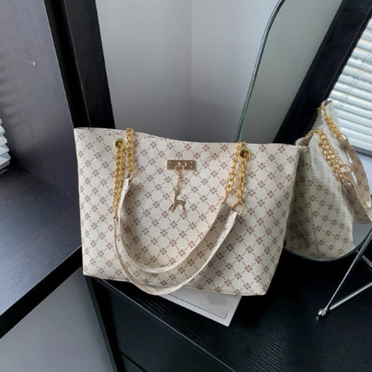 2025 Women’s Fashion Tote Presbyopia Pattern Soft Leather Shoulder Bag with Hanging Accessory