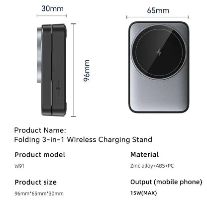 Portable 3-in-1 MagSafe Charging Station – Foldable Wireless Charger for iPhone, Apple Watch & AirPods with Fast Charge