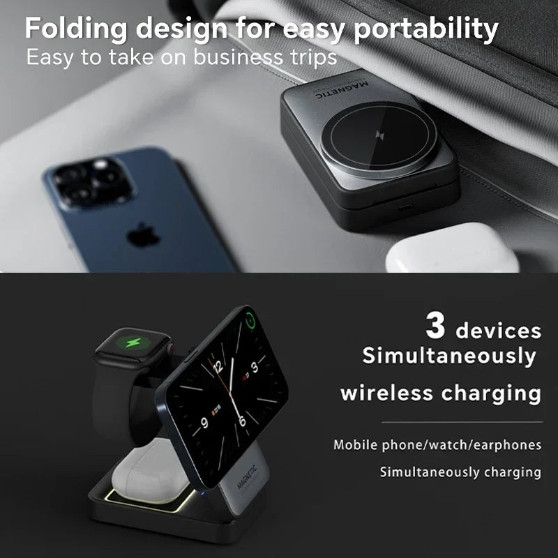 Portable 3-in-1 MagSafe Charging Station – Foldable Wireless Charger for iPhone, Apple Watch & AirPods with Fast Charge