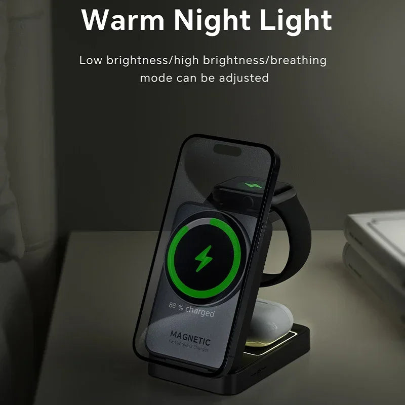 Portable 3-in-1 MagSafe Charging Station – Foldable Wireless Charger for iPhone, Apple Watch & AirPods with Fast Charge