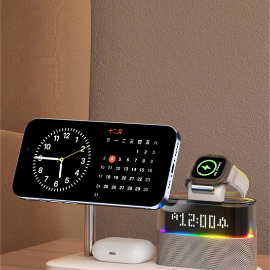 All-in-One 5-in-1 Wireless Charging Station with Alarm Clock, Night Light & Magnetic Fast Charging for Smartphones & Accessories