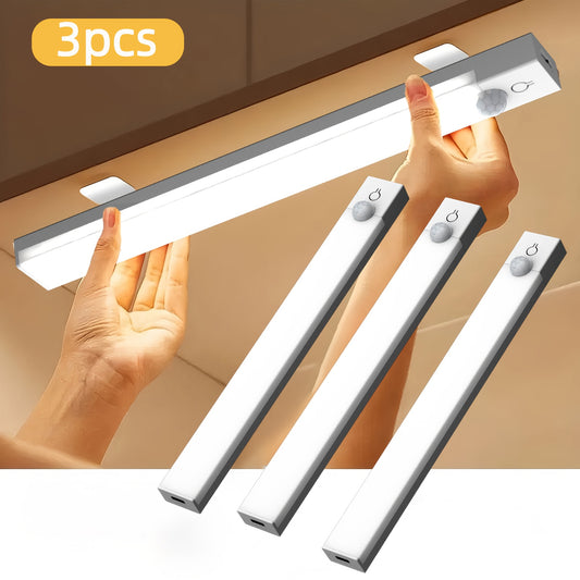 3PCS LED Motion Sensor Cabinet Lights  Rechargeable, Dimmable & 3-Color Mode Night Lights for Kitchen, Bedroom & Stairs