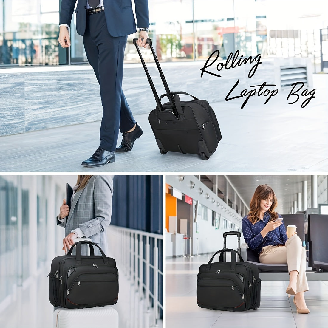 NEWHEY Rolling Laptop Bag for Men – 17.3” Waterproof Computer Briefcase with Wheels, RFID Pocket & Carry-On Luggage (Black)